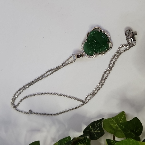 Silver Jade Green Buddah Pendant with Chain Necklace - Picture 3 of 7